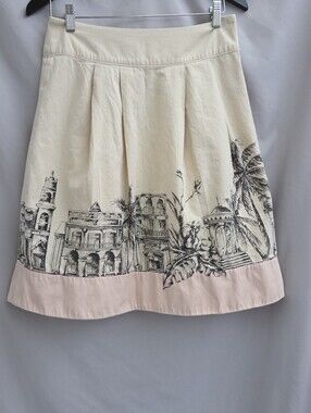Cream A-Line Skirt with Light Pink Hem and Architectural Print